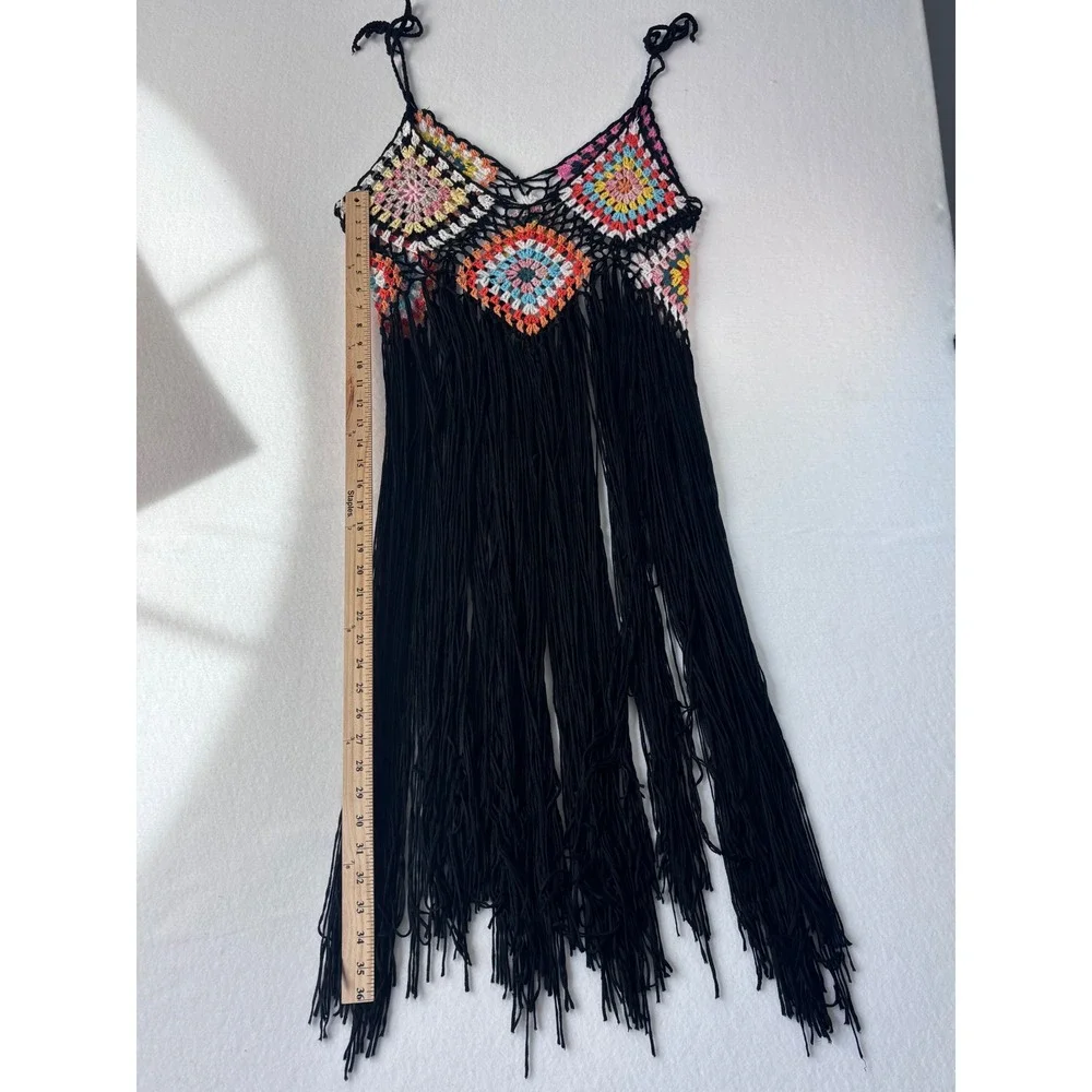Shein Curve Crochet Granny Square Fringe‎ Top Multi-Color Boho Festival 1XL